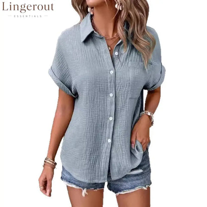 Crinkle Textured Short Sleeve Button Down Shirt With Chest Pocket