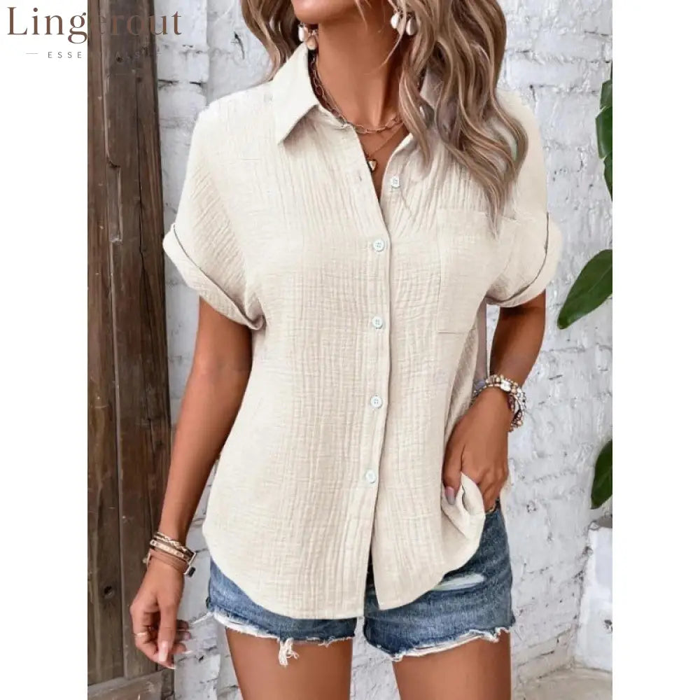 Crinkle Textured Short Sleeve Button Down Shirt With Chest Pocket - Apricot / S