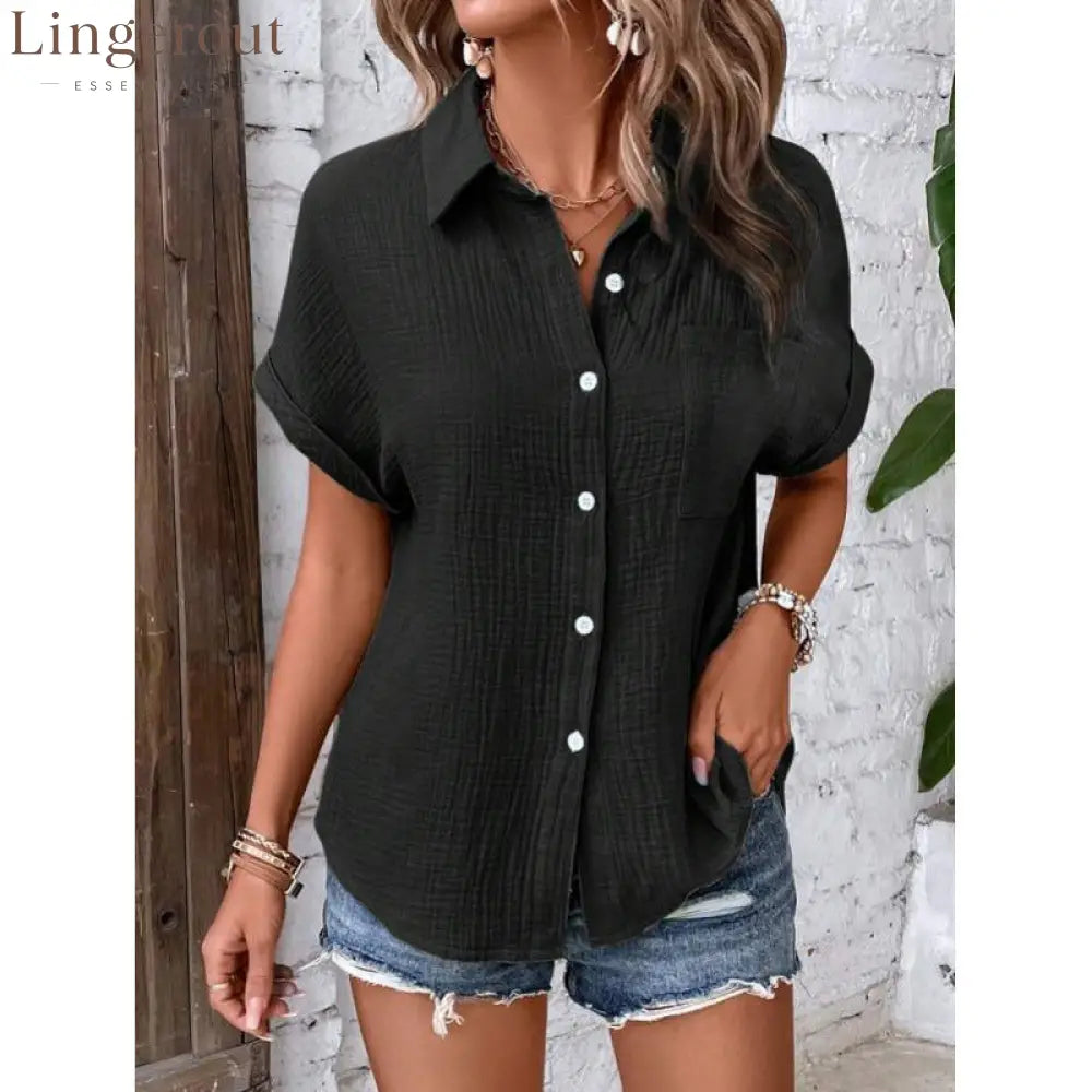 Crinkle Textured Short Sleeve Button Down Shirt With Chest Pocket - Black / S