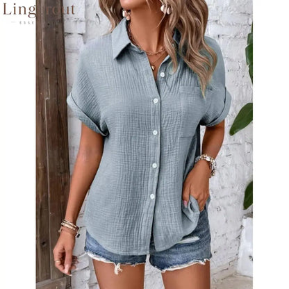 Crinkle Textured Short Sleeve Button Down Shirt With Chest Pocket - Blue gray / S
