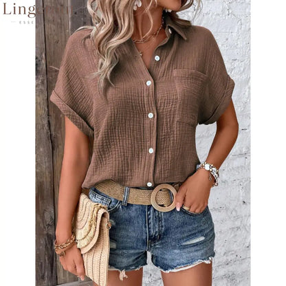 Crinkle Textured Short Sleeve Button Down Shirt With Chest Pocket - Brown / S