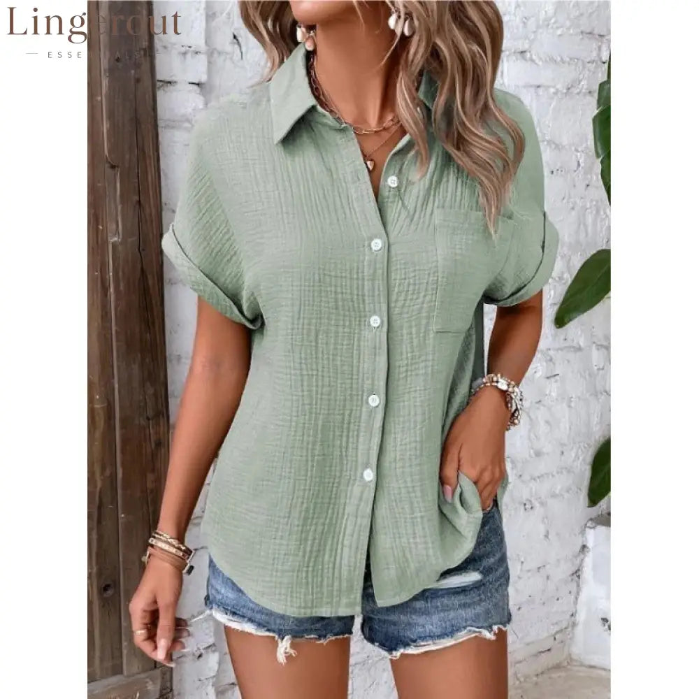 Crinkle Textured Short Sleeve Button Down Shirt With Chest Pocket - Fruit green / S