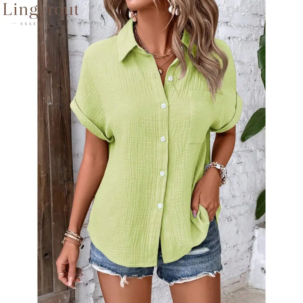 Crinkle Textured Short Sleeve Button Down Shirt With Chest Pocket - Grass green / S