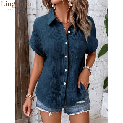 Crinkle Textured Short Sleeve Button Down Shirt With Chest Pocket - Navy blue / S