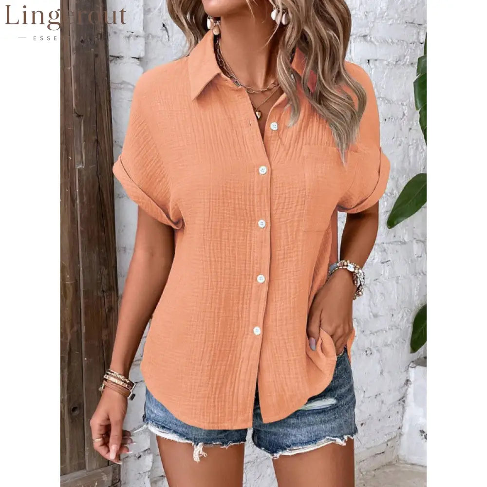 Crinkle Textured Short Sleeve Button Down Shirt With Chest Pocket - Orange / S