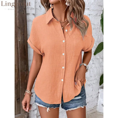 Crinkle Textured Short Sleeve Button Down Shirt With Chest Pocket - Orange / S