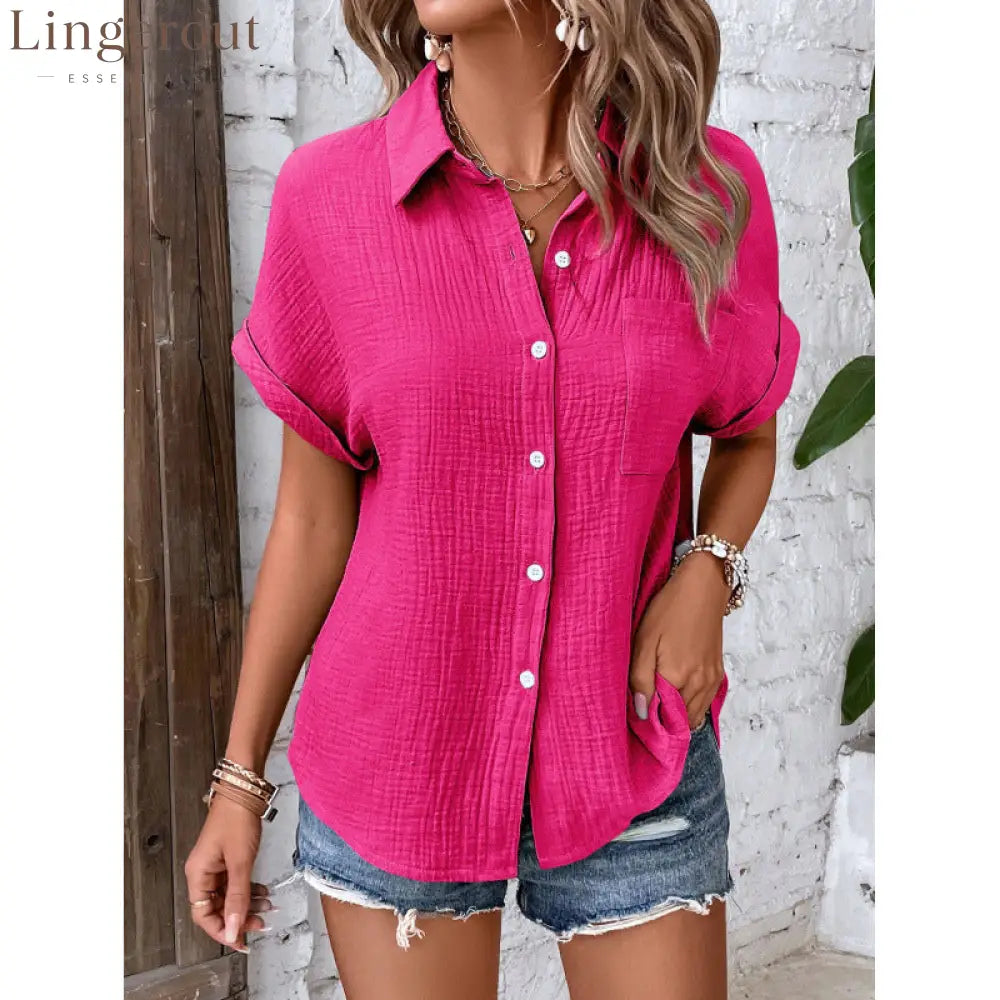 Crinkle Textured Short Sleeve Button Down Shirt With Chest Pocket - Rose red / S