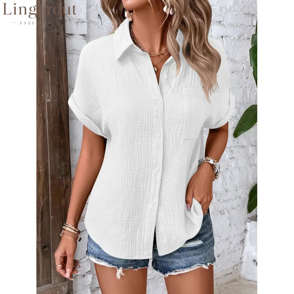 Crinkle Textured Short Sleeve Button Down Shirt With Chest Pocket - White / S