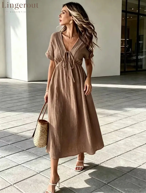 Crinkle‑Textured Tie‑Front V‑Neck Midi Dress - Coffee color / S