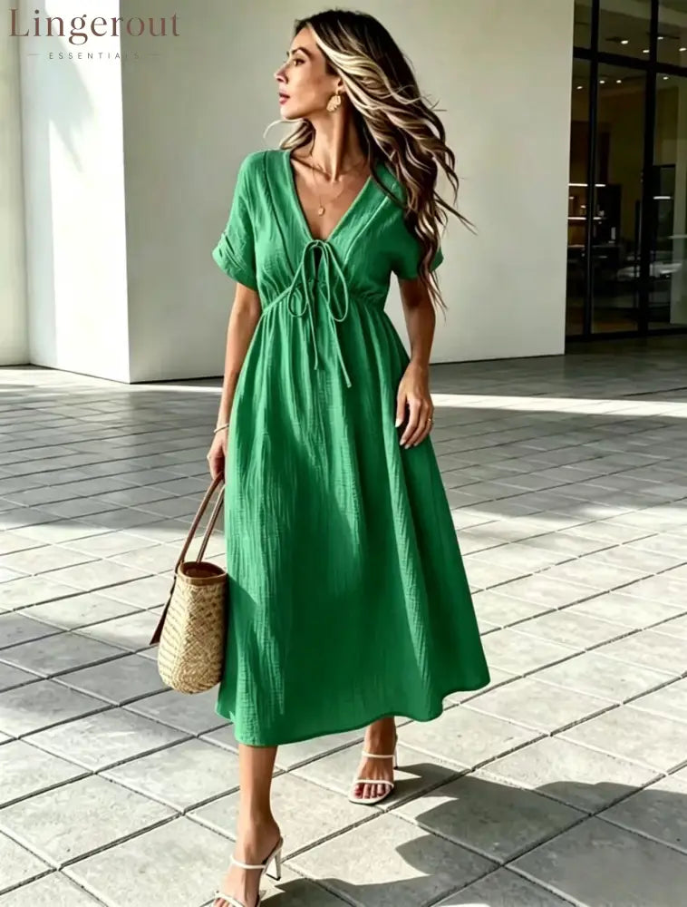 Crinkle‑Textured Tie‑Front V‑Neck Midi Dress - Green / S
