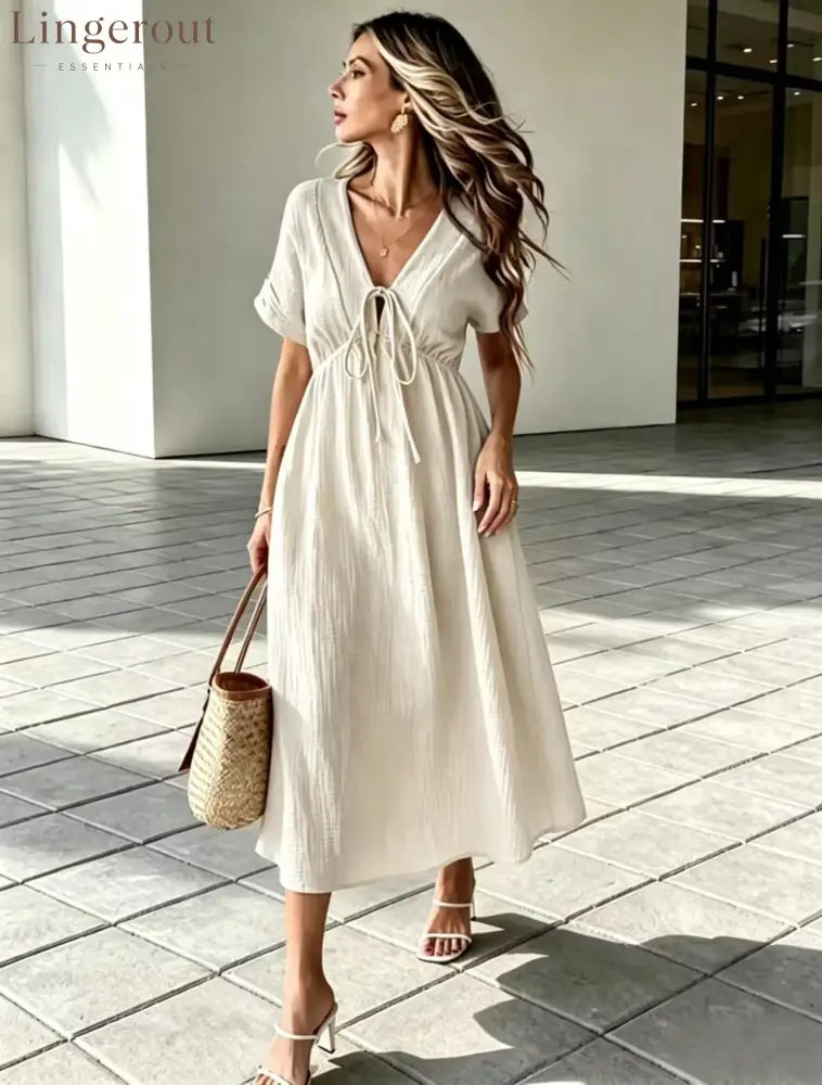 Crinkle‑Textured Tie‑Front V‑Neck Midi Dress - Off-white / S