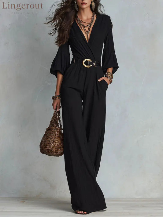 Crinkle Wrap V Neck Balloon Sleeve Belted Wide Leg Jumpsuit - Black / XS