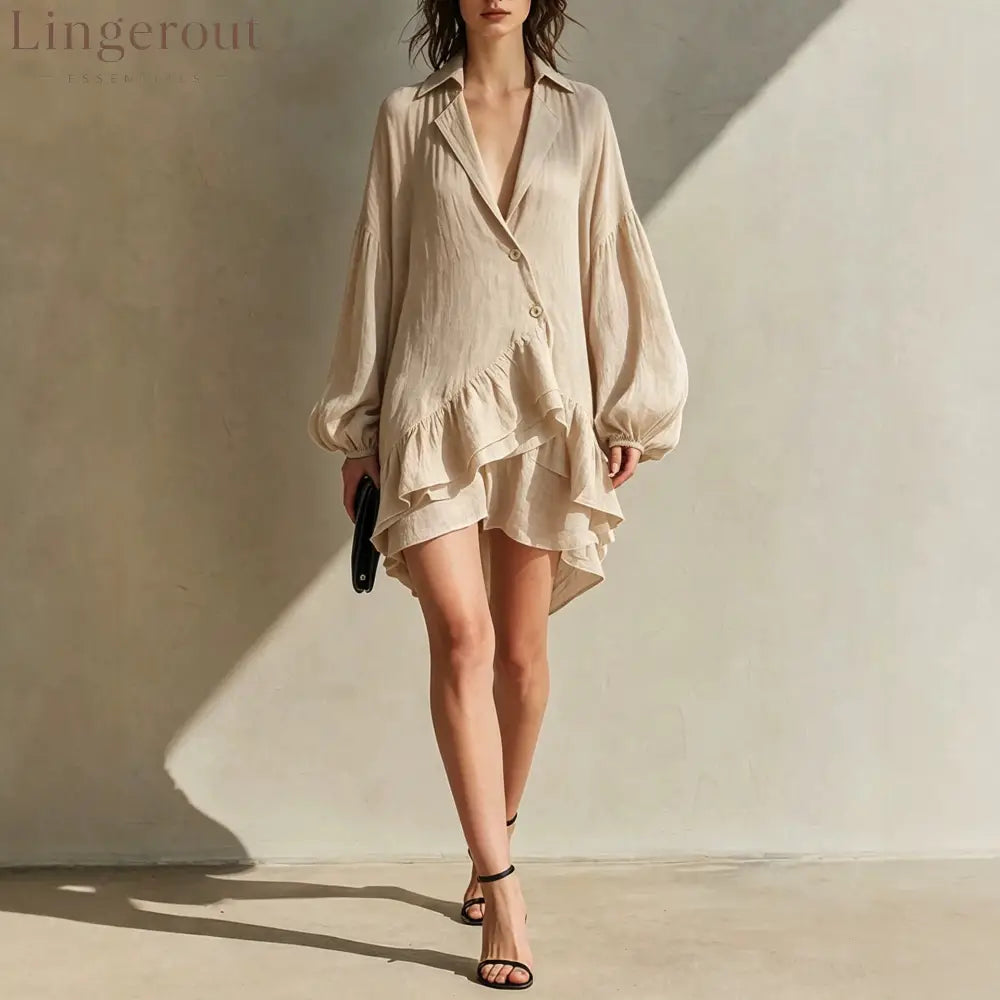 Crinkled Blazer Collar Balloon Sleeve Asymmetrical Ruffle Mini Romper - Apricot / XS