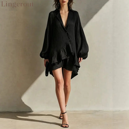 Crinkled Blazer Collar Balloon Sleeve Asymmetrical Ruffle Mini Romper - Black / XS