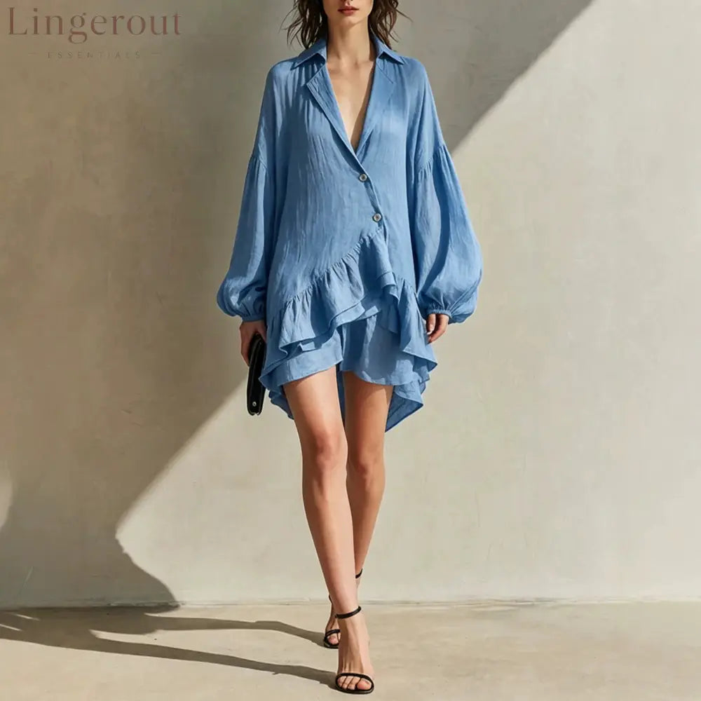 Crinkled Blazer Collar Balloon Sleeve Asymmetrical Ruffle Mini Romper - Sky blue / XS