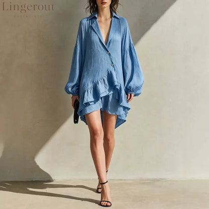 Crinkled Blazer Collar Balloon Sleeve Asymmetrical Ruffle Mini Romper - Sky blue / XS