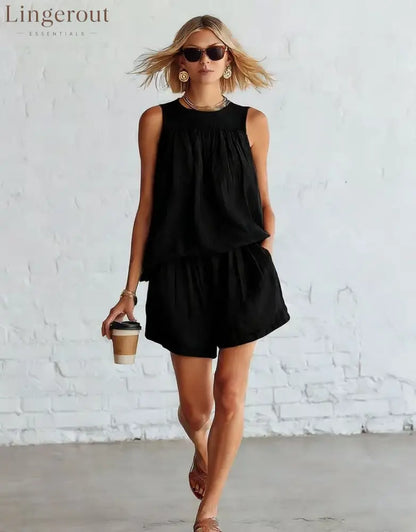 Crinkled Casual Two Piece Short Set - Black / S
