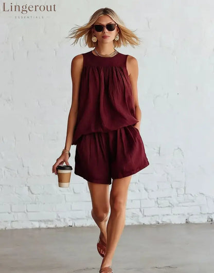Crinkled Casual Two Piece Short Set - Claret / S