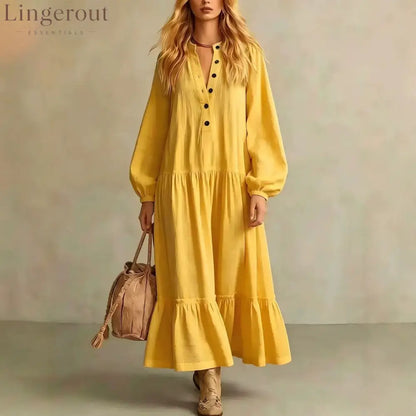 Crinkled Half Button Balloon Sleeve Tiered Ruffle Maxi Dress