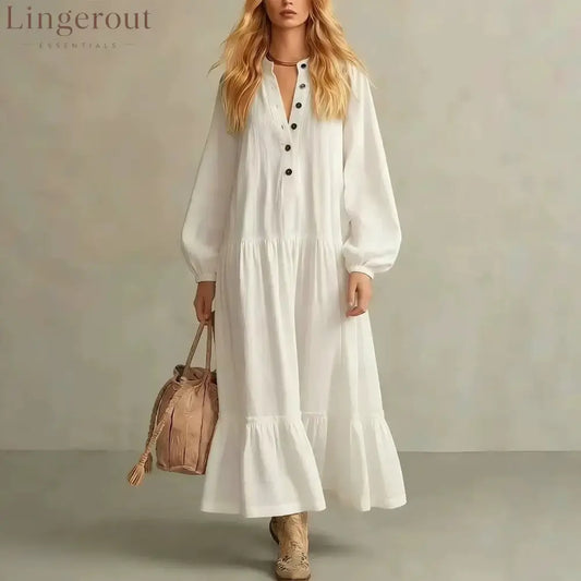 Crinkled Half Button Balloon Sleeve Tiered Ruffle Maxi Dress