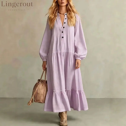 Crinkled Half Button Balloon Sleeve Tiered Ruffle Maxi Dress