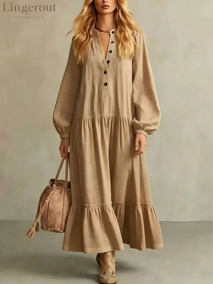 Crinkled Half Button Balloon Sleeve Tiered Ruffle Maxi Dress - Khaki / S