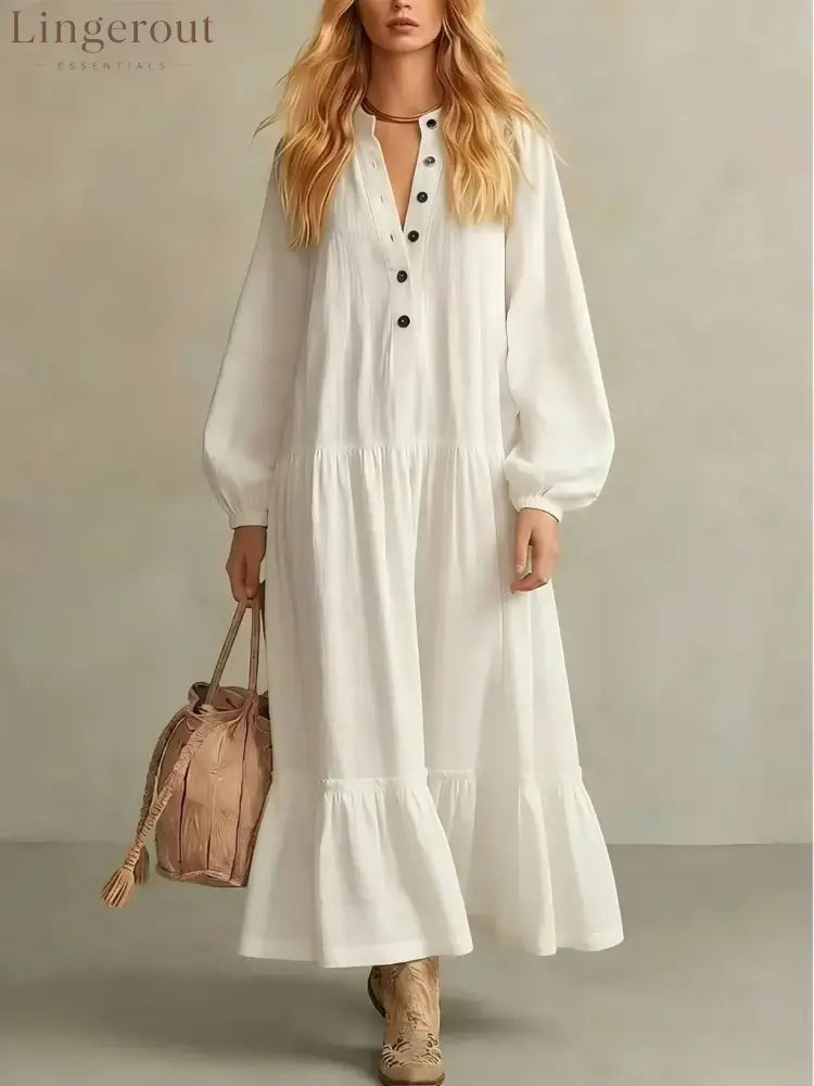 Crinkled Half Button Balloon Sleeve Tiered Ruffle Maxi Dress - White / S
