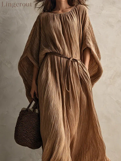Khaki loose-fit pleated maxi dress with batwing sleeves