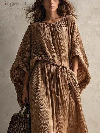 Khaki loose-fit pleated maxi dress with batwing sleeves