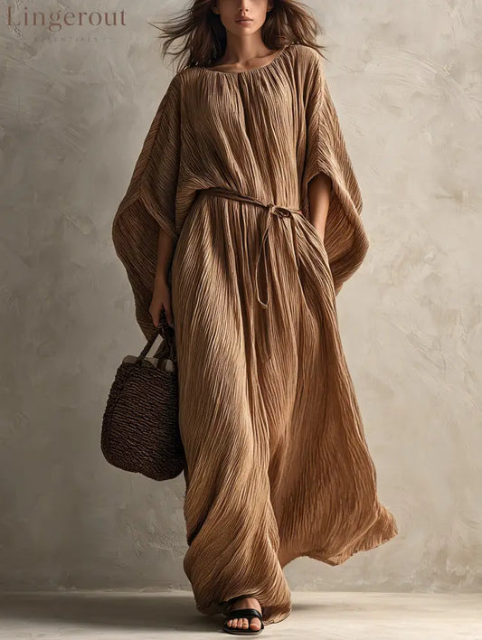 Khaki loose-fit pleated maxi dress with batwing sleeves