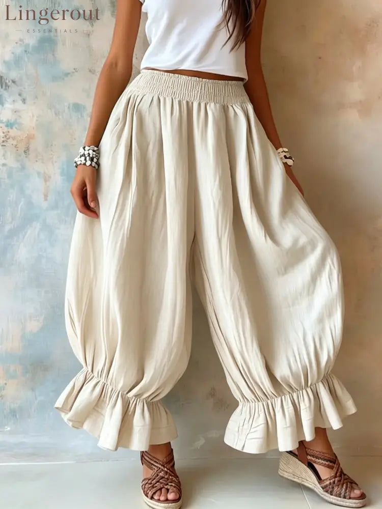 Crinkled Textured Balloon Harem Pants - Apricot / S
