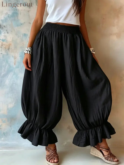 Crinkled Textured Balloon Harem Pants - Black / S