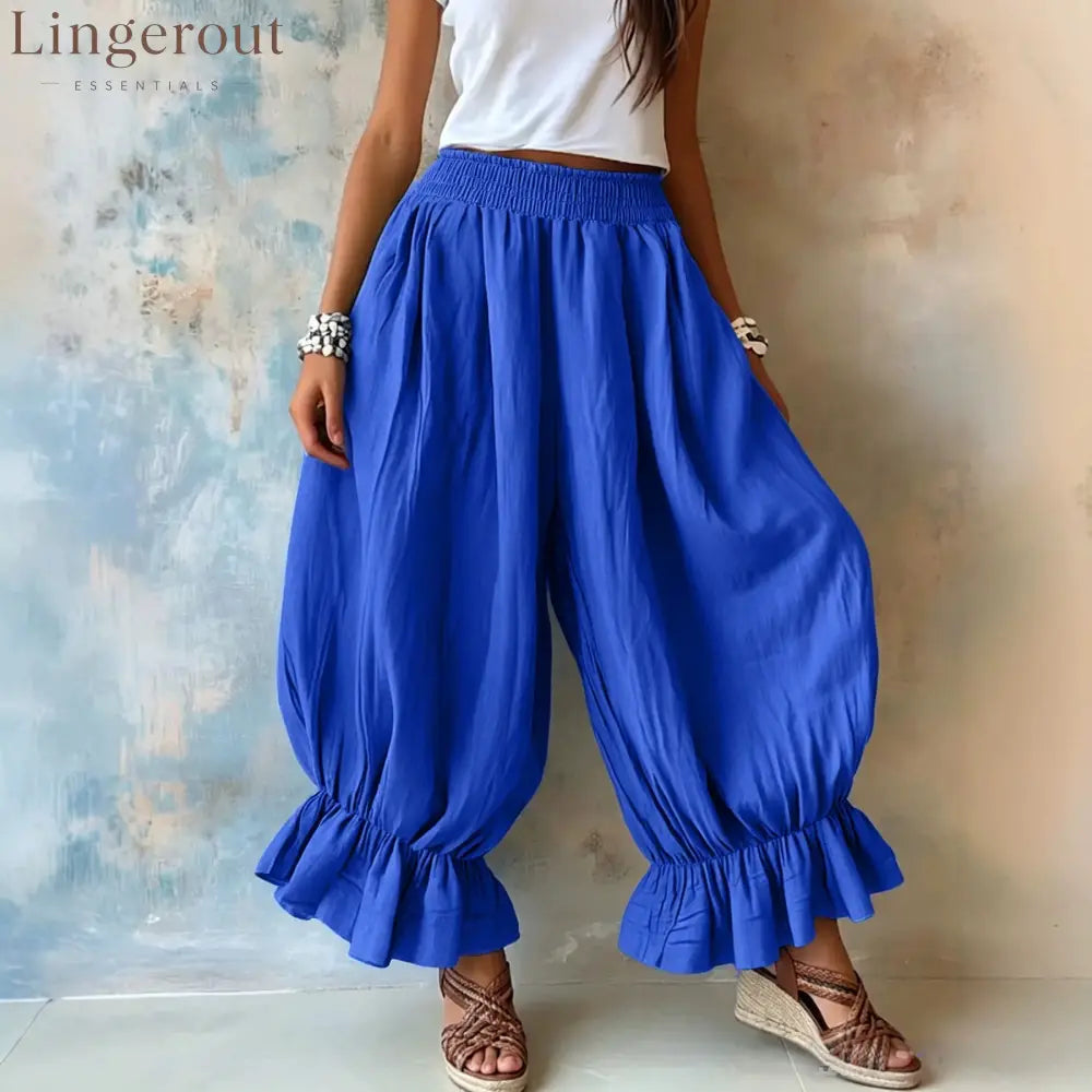 Crinkled Textured Balloon Harem Pants - Royal blue / S