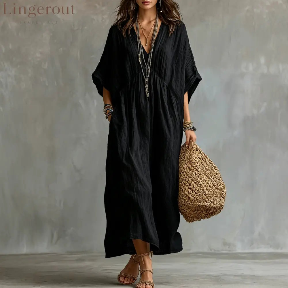 Crinkled V Neck Dolman Sleeve Gathered Waist Kaftan Maxi Dress - Black / S