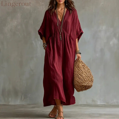 Crinkled V Neck Dolman Sleeve Gathered Waist Kaftan Maxi Dress - Claret / S