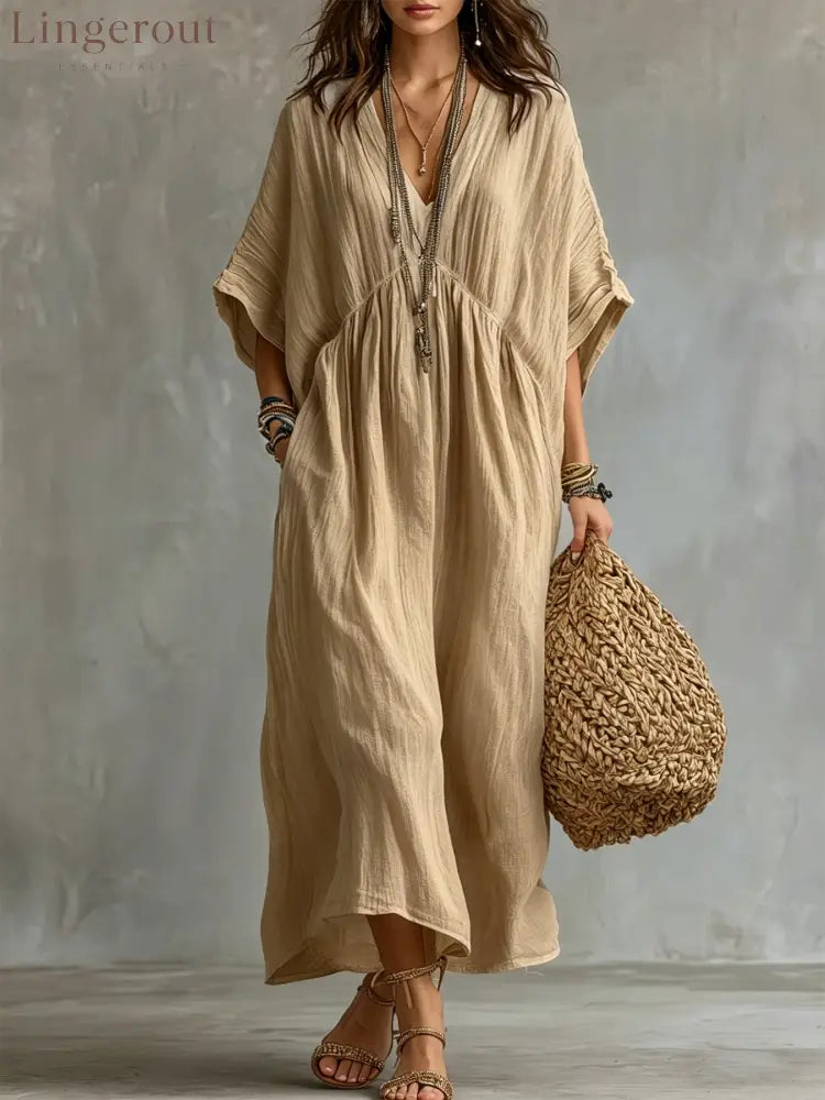 Crinkled V Neck Dolman Sleeve Gathered Waist Kaftan Maxi Dress - Khaki / S
