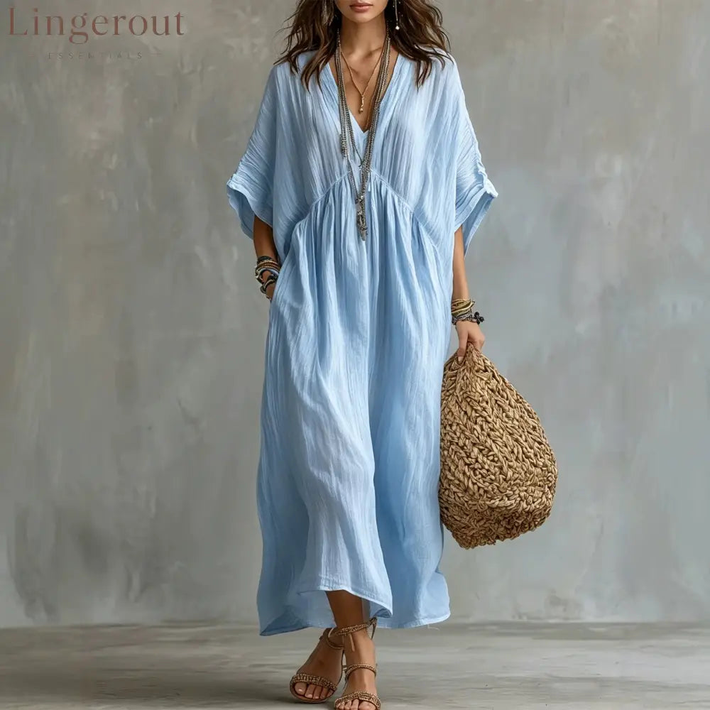 Crinkled V Neck Dolman Sleeve Gathered Waist Kaftan Maxi Dress - Light blue / S