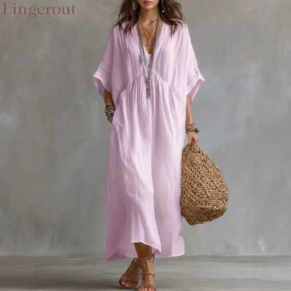 Crinkled V Neck Dolman Sleeve Gathered Waist Kaftan Maxi Dress - Pink / S