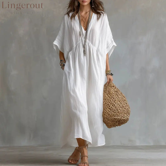 Crinkled V Neck Dolman Sleeve Gathered Waist Kaftan Maxi Dress - White / S