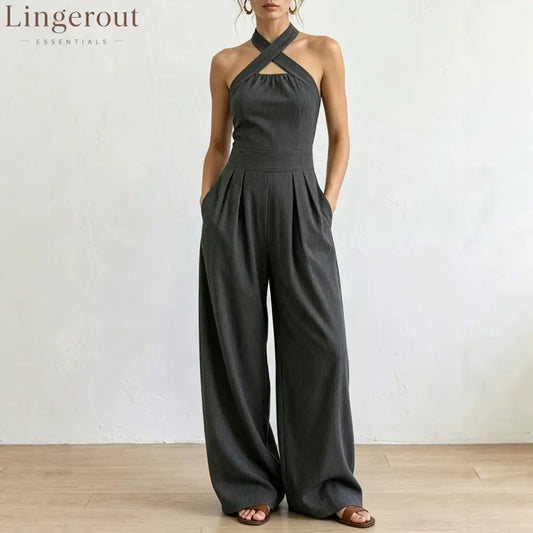 Crisscross Halter Keyhole Cutout High Waist Wide Leg Pantsuit with Pockets