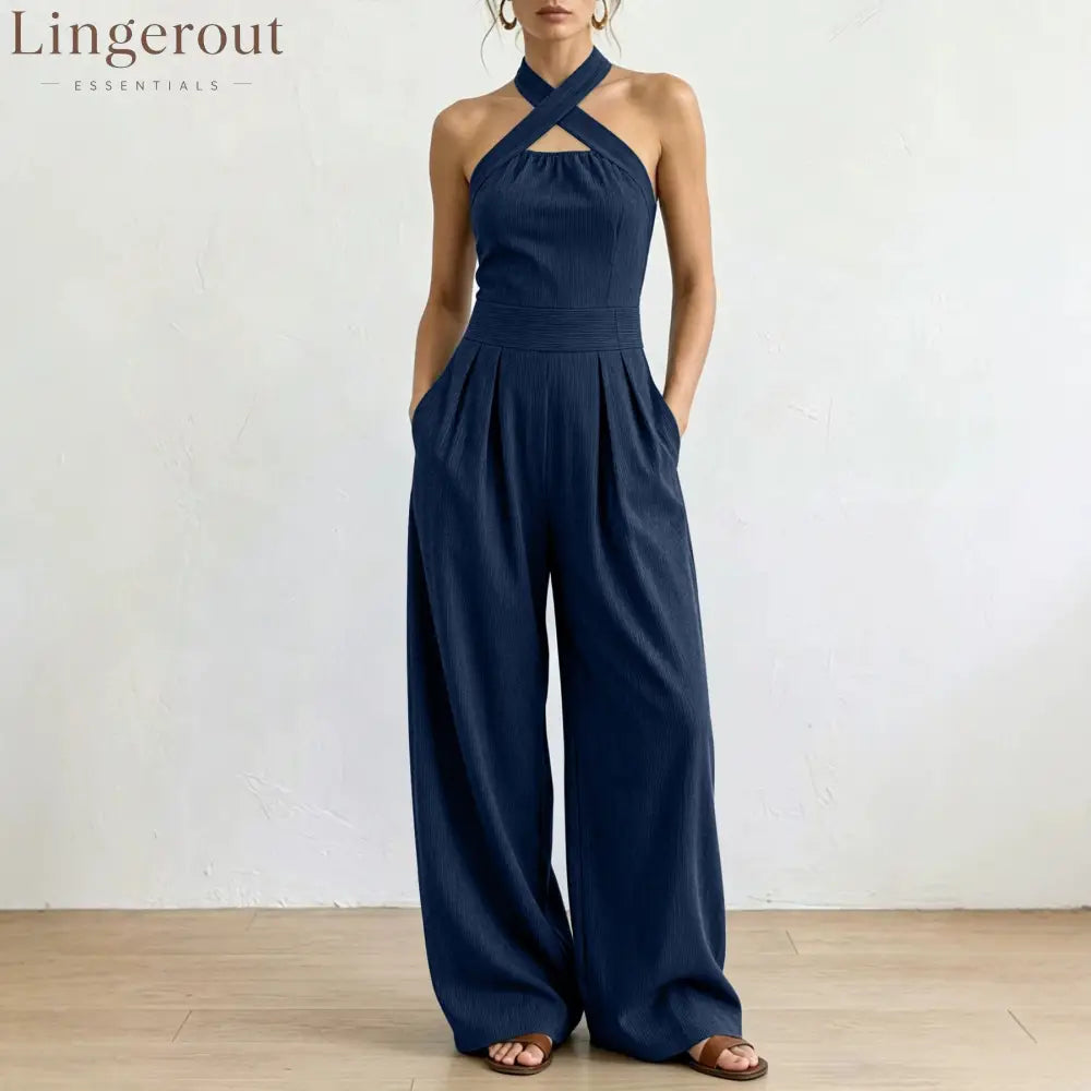 Crisscross Halter Keyhole Cutout High Waist Wide Leg Pantsuit with Pockets