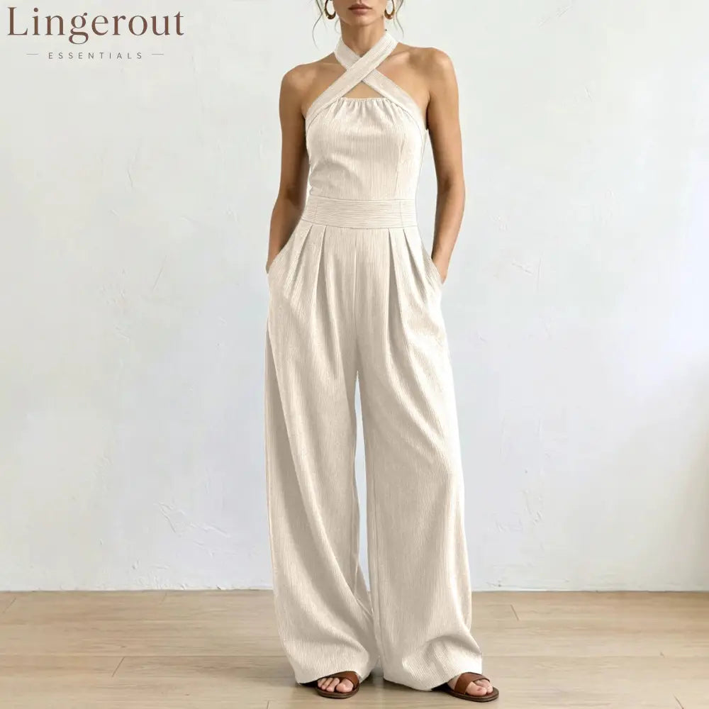 Crisscross Halter Keyhole Cutout High Waist Wide Leg Pantsuit with Pockets