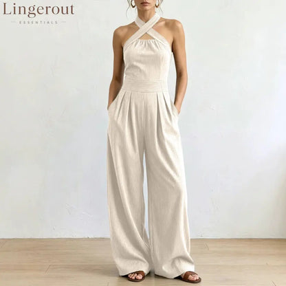 Crisscross Halter Keyhole Cutout High Waist Wide Leg Pantsuit with Pockets
