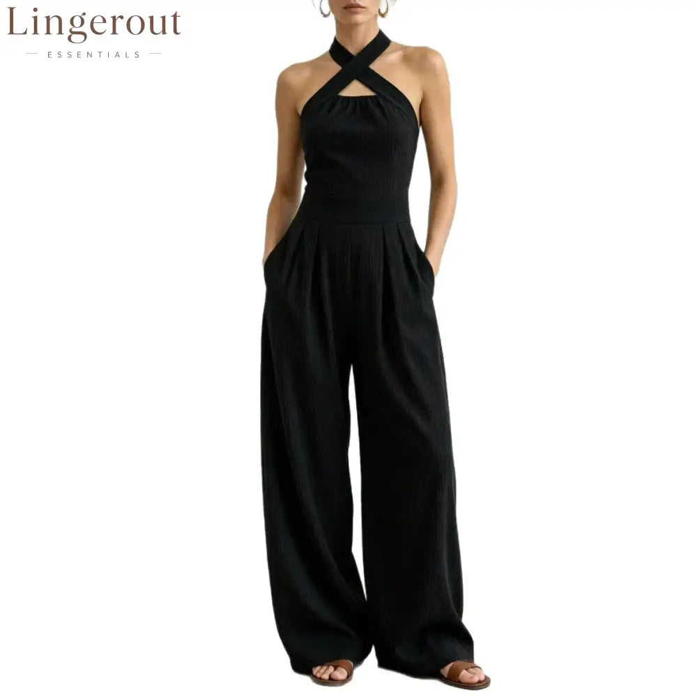 Crisscross Halter Keyhole Cutout High Waist Wide Leg Pantsuit with Pockets