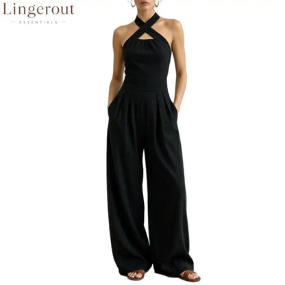 Crisscross Halter Keyhole Cutout High Waist Wide Leg Pantsuit with Pockets