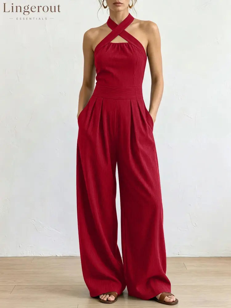 Crisscross Halter Keyhole Cutout High Waist Wide Leg Pantsuit with Pockets - Claret / S