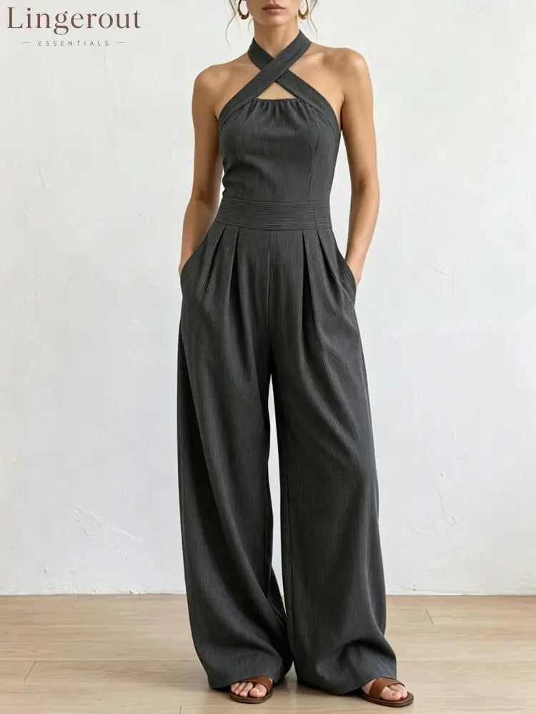 Crisscross Halter Keyhole Cutout High Waist Wide Leg Pantsuit with Pockets - Dark gray / S