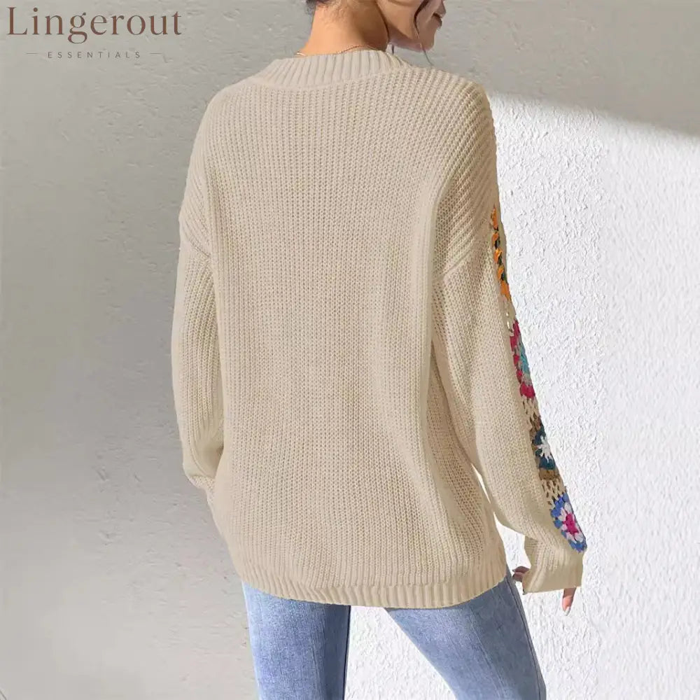Crochet Flower V-Neck Sweater