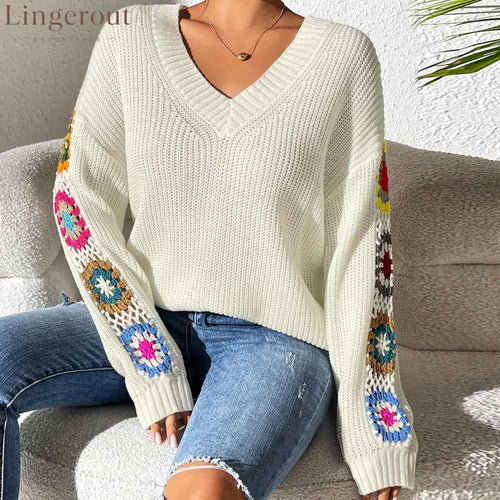 Crochet Flower V-Neck Sweater