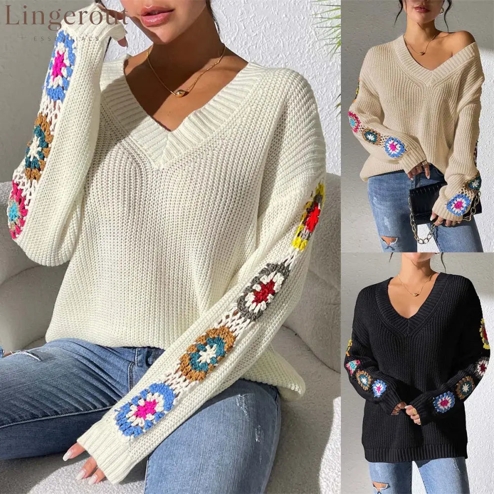 Crochet Flower V-Neck Sweater